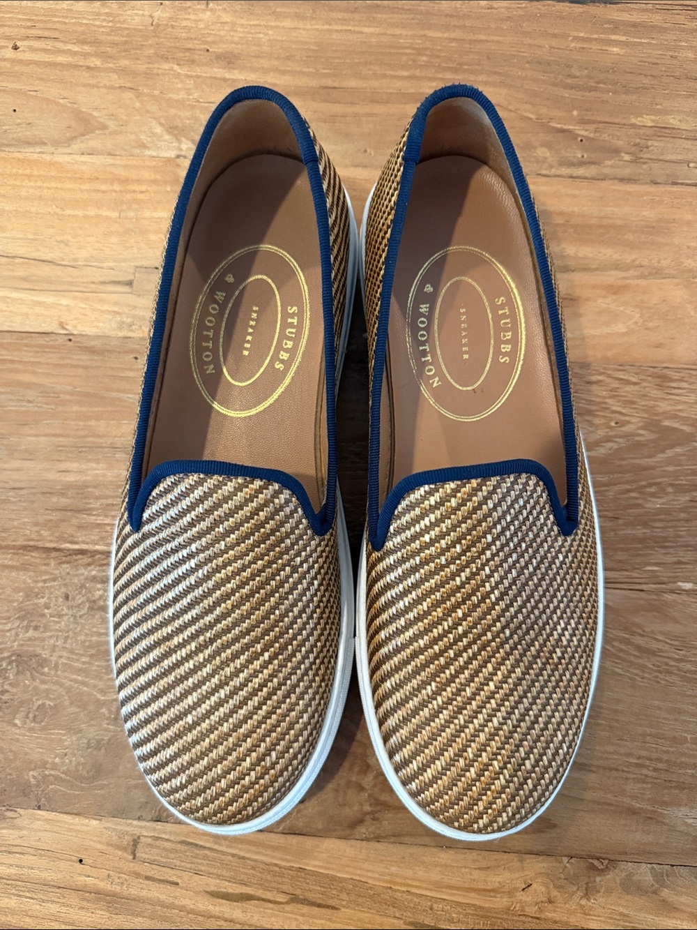 Stubbs & Wootton Tan Woven Slip-On Sneakers with Navy Trim